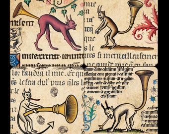 Posavasos de trompeta con forma de trasero de diablo: arte manuscrito medieval, juego de 4