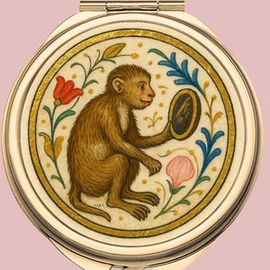 Könnte beinhalten: Ein runder, silberfarbener Kompaktspiegel mit einer detaillierten Illustration eines Affen, der einen Spiegel hält. Das Kunstwerk zeigt einen braunen Affen, rote und rosa Blumen sowie blaue und goldene Akzente. Der Kompaktspiegel ist geschlossen und vor einem rosa Hintergrund.