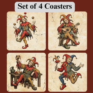 May include: A set of 4 coasters featuring illustrations of jesters in red, yellow, and blue outfits on a beige, cracked-texture background. The text "Set of 4 Coasters" appears at the top. Each coaster depicts a jester juggling, playing a lute, drinking from a goblet, or holding a jester-themed scepter.