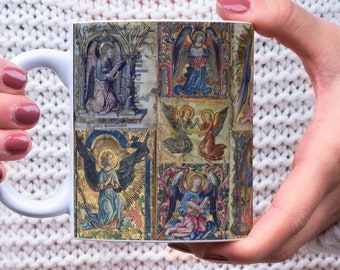 May include: White ceramic mug featuring a colourful print of angels with wings and halos. The print is a collage of different images, each depicting a different angel. The mug is a great gift for anyone who loves angels.