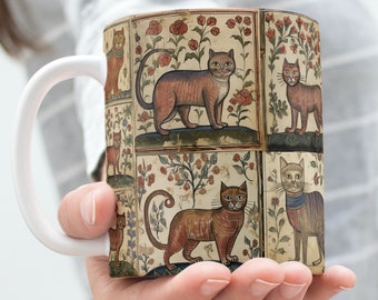 Medieval Cat Mug, Primitive Cats, Marginalia Cat, Illuminated Manuscript, Cat Gift, Medieval Gifts, Witchy Gifts, Medieval Bestiary, Script