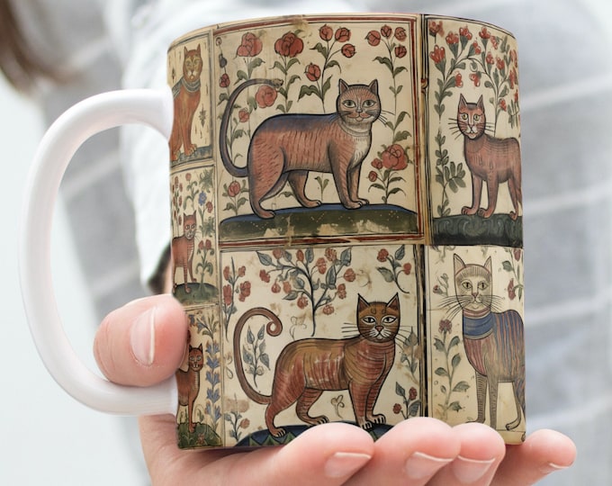 Medieval Cat Mug: Illuminated Manuscript Art, Whimsical Felines