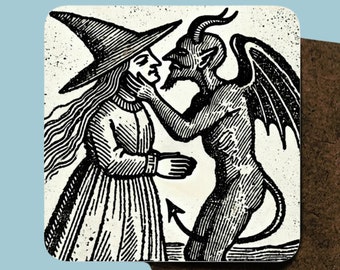 Witch Kissing Devil Coasters: Gothic Woodcut Art, Set of 4