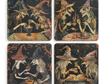 Witch Art Coasters: Folk Horror Pagan Decor, Set of 4