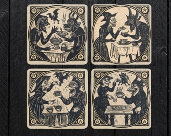 Woodcut Witch Coasters: Occult Pagan Drink Mats (Pack of 4)