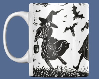 Woodcut Witch Mug: Gothic Wiccan Decor, Occult Gift