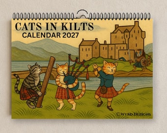 Scottish Cats in Kilts 2027 Wall Calendar, A4 Landscape Wire Bound Highland Cat Gift