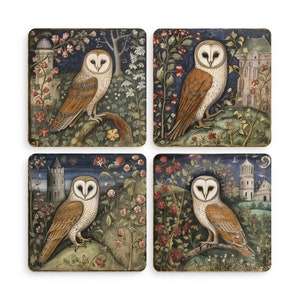Medieval Gothic Owl 4 Coaster Set, Barn Owls, Dark Academia, Gothic Home Decor, Medieval Decor, Marginalia, Medieval Gifts, Gothic Coasters