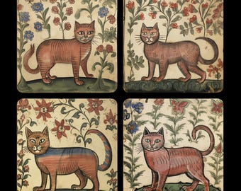 May include: Four square ceramic tiles with hand-painted images of cats in a garden setting. Each tile features a different cat with a unique pose and tail position. The cats are painted in shades of red and brown, with green and blue accents. The background of each tile is a floral pattern with red, blue, and green flowers.