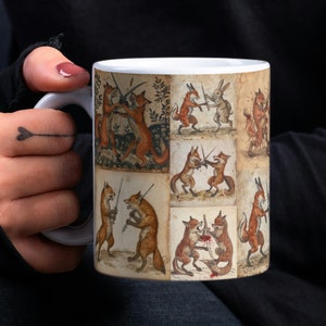 Medieval Fox and Rabbit Mug, Foxes Rabbits Fighting, Primitive Naive Marginalia Gifts, Manuscript, Sword Fighting, Killer Rabbits, Murderers