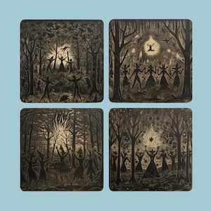 Witch Coasters, Set of 4 Square Coasters, 18th Century Woodcut Design, Dancing Witches, Coven, Witchy Gifts, Occult, Folk Horror, Drink Mats