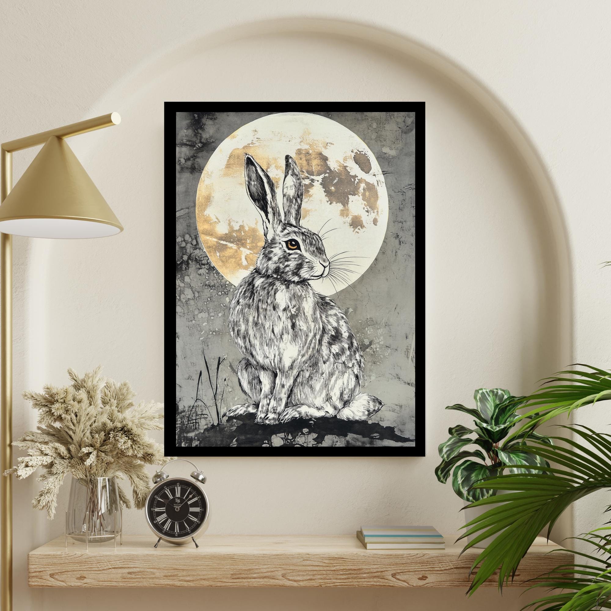 月を眺めるウサギの版画：魔女の民話アート - Etsy 日本
