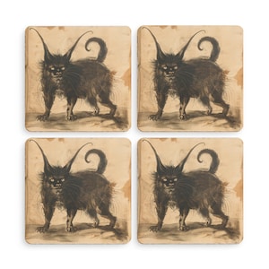 Devil Cat Coaster Set, Set of 4 Coasters, Cat Coaster, Dark Academia, Gothic Art, Gothic Gifts, Witchy Gifts, Dark Horror, Spooky, Creepy