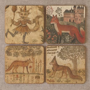 May include: Set of four square coasters with illustrations of foxes in various scenes. One coaster depicts a fox-like character in a costume. The other three feature foxes in natural settings, with trees, flowers, and a castle.