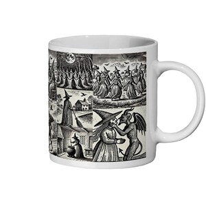 Antique woodcut imagery on an 11 oz mug showing witches performing rituals with the Devil, evoking historical folklore and witchcraft.