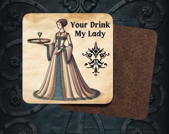 Juego de posavasos medievales: «Tu bebida, mi señora». Decoración renacentista para el hogar.