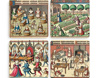 May include: Set of four square coasters featuring colorful illustrations of cats in medieval settings. The coasters depict cats performing various tasks, such as washing clothes, gardening, dining, and cooking. Each coaster has a decorative border.