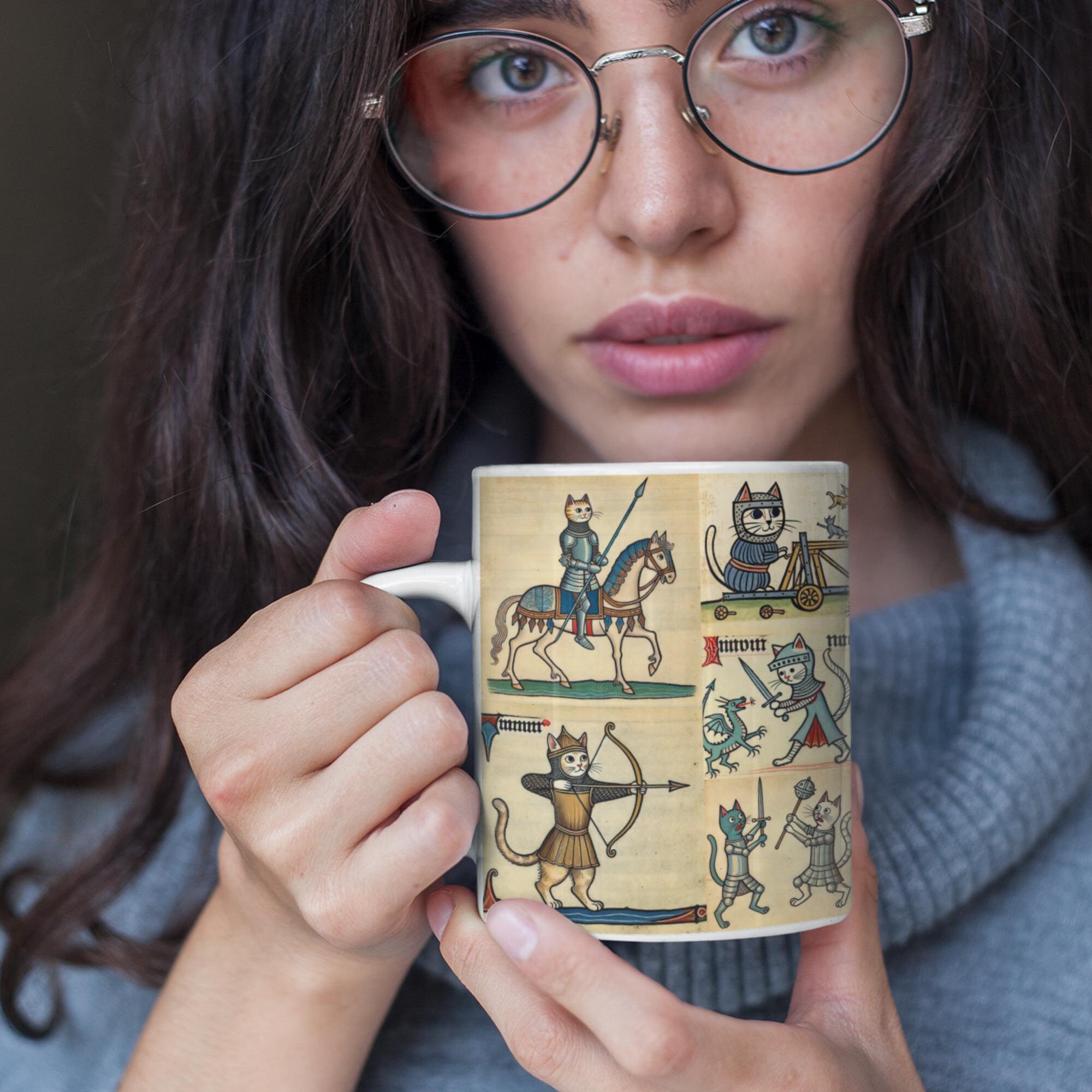 Medieval Cat Mug, Cats as Knights, Medieval Marginalia, Funny Cat Mug, Cat Gifts, Medieval Manuscript, Cats Knight Mug, Anamorphic Cats