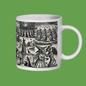 A witch kissing the Devil
A witch with her familiar, a black cat
Witches dancing in a circle
Witches sat around a table talking to the Devil. scenes that evoke the mysterious and magical world of witches