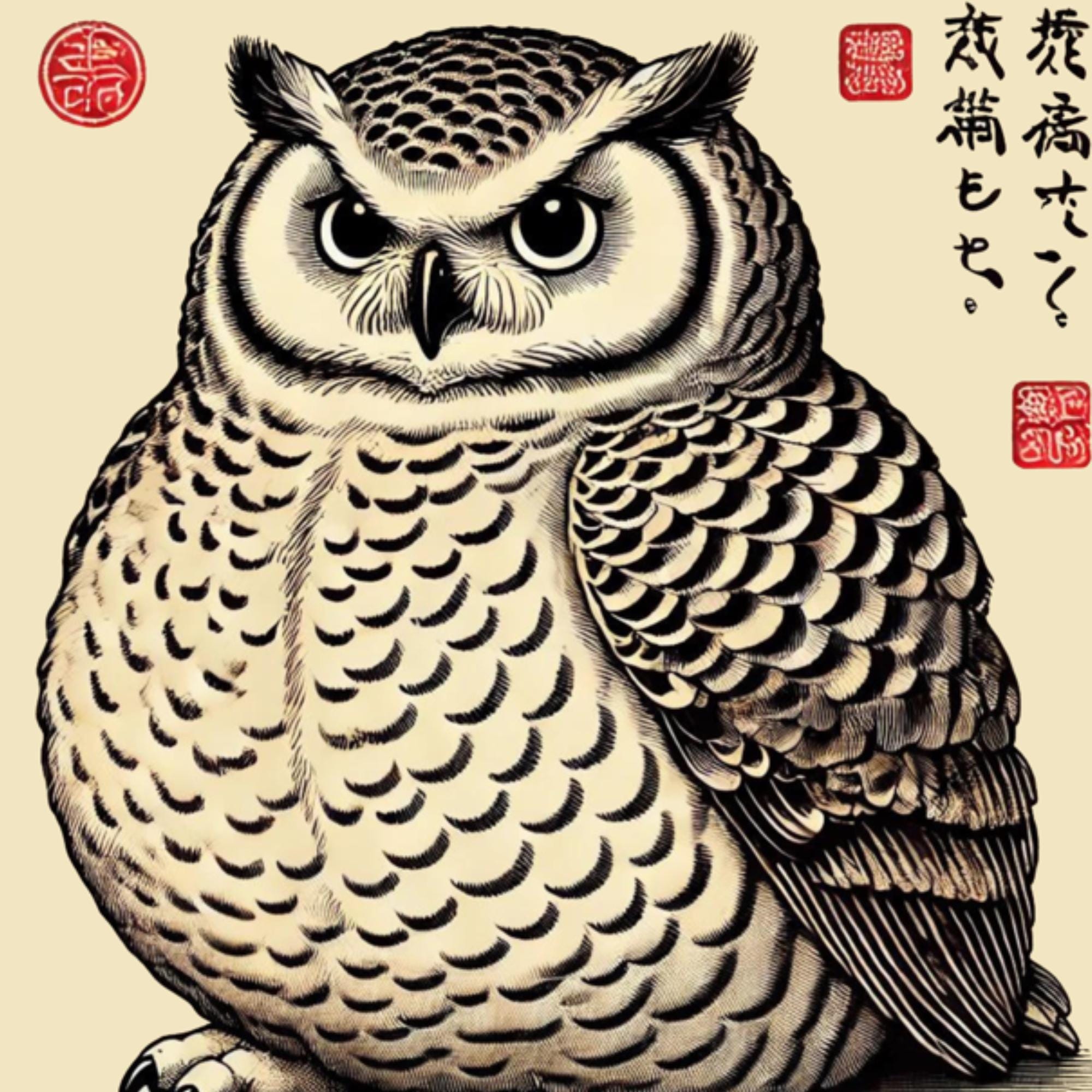 日本のフクロウの版画: 浮世絵スタイルのアート、松本方次の装飾