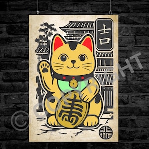 Lucky Cat Art Print: Japandi Maneki Neko Good Fortune Poster