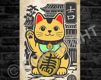 Lucky Cat Art Print: Japandi Maneki Neko Good Fortune Poster