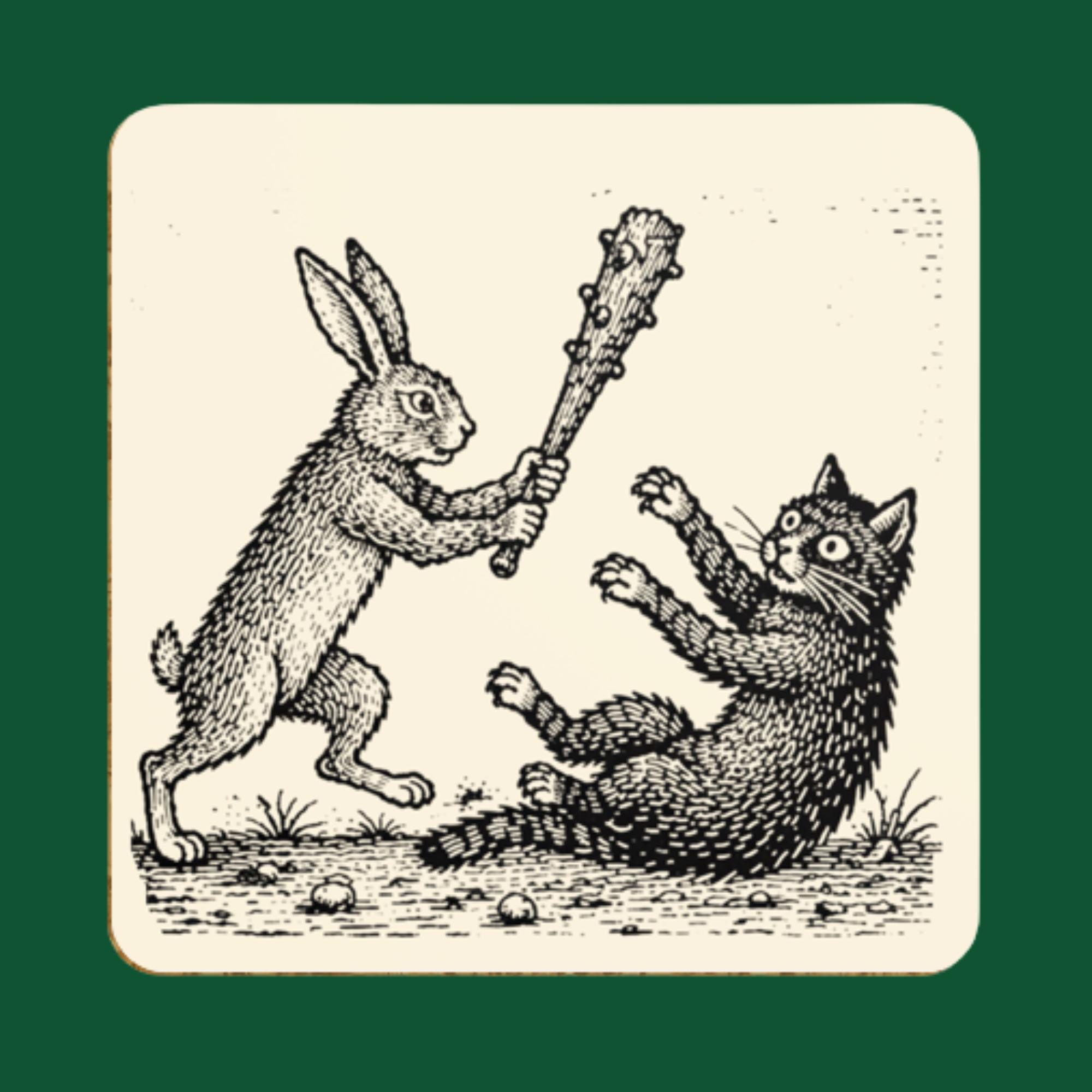 Medieval Cat Vs Rabbit Coaster Set, Marginalia Animal Battle Coasters ...