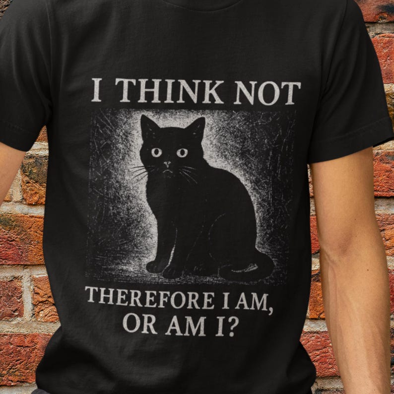 Funny black cat t-shirt with “I Think Not” philosophical meme design