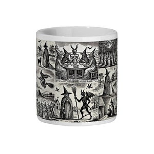 Vintage woodcut design wrapping around an 11 oz mug, featuring witches and the Devil in various scenes of witchcraft and rituals