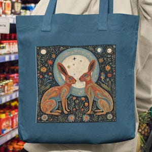 Sac fourre-tout en coton Moongazing lièvres : art folklorique spirituel