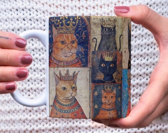 Medieval Crowned Cat Mug – Illuminated Manuscript Style – Regal Marginalia Cat Gift for Medieval Lovers