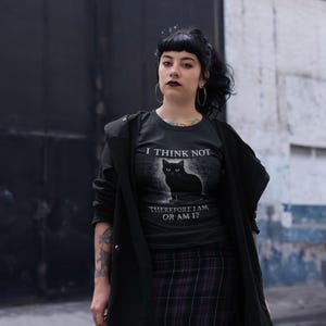 Dark academia cat t-shirt with witty philosophy joke