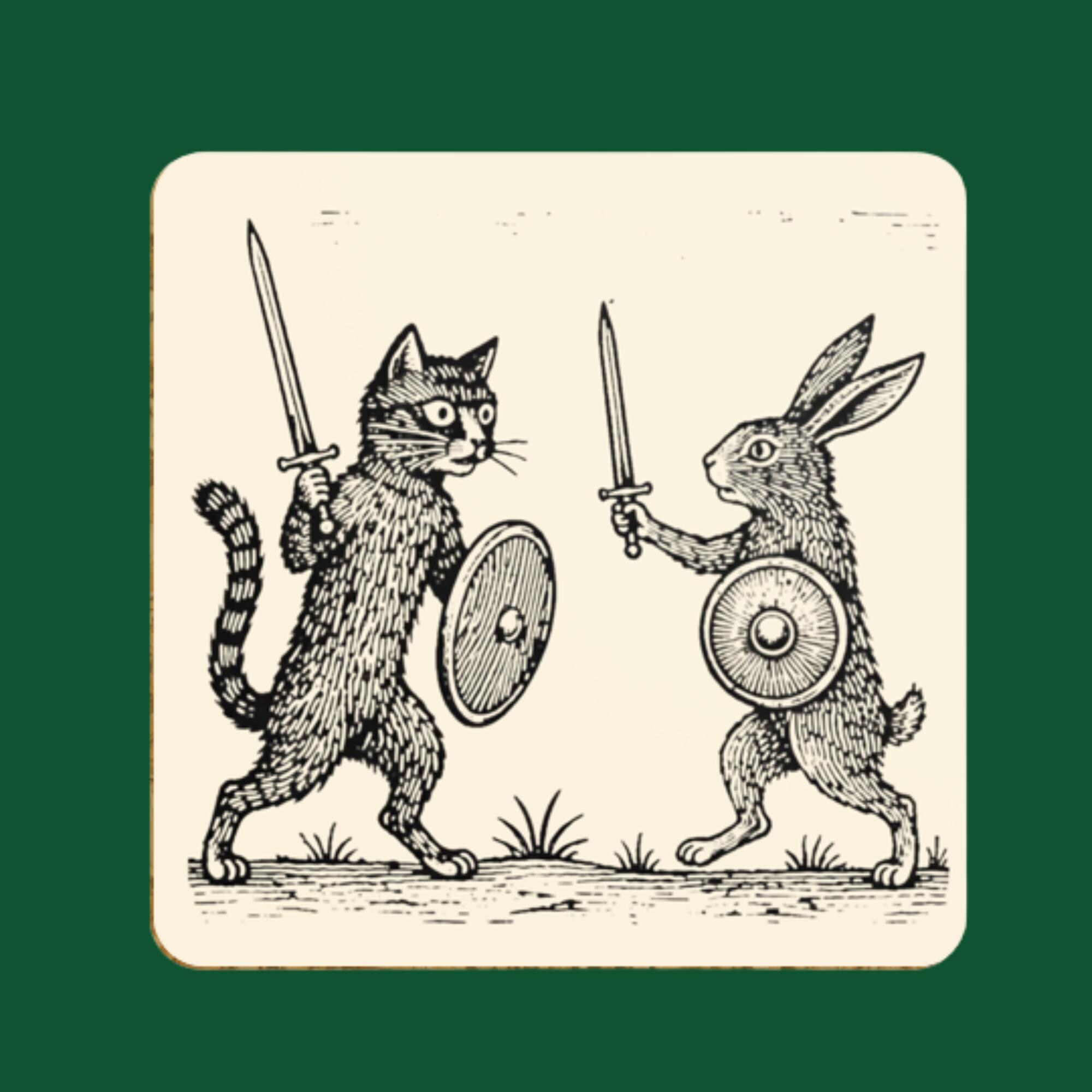 Medieval Cat Vs Rabbit Coaster Set, Marginalia Animal Battle Coasters ...