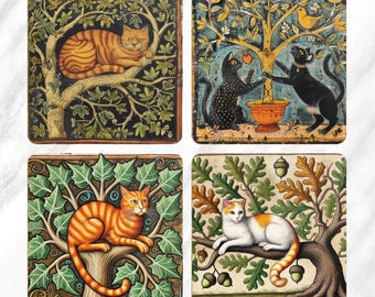 Posavasos de gato medieval: arte manuscrito caprichoso, juego de 4