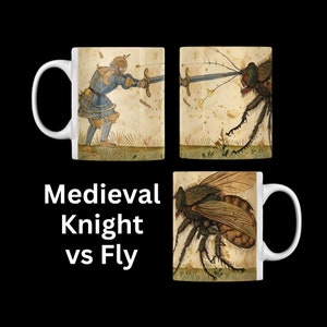 Caneca Medieval Knight vs Fly, Gótica, Dark Academia, Marginalia, Manuscrito Iluminado, Presentes Medievais, Presentes de Bruxa, Caneca Bestiário Medieval