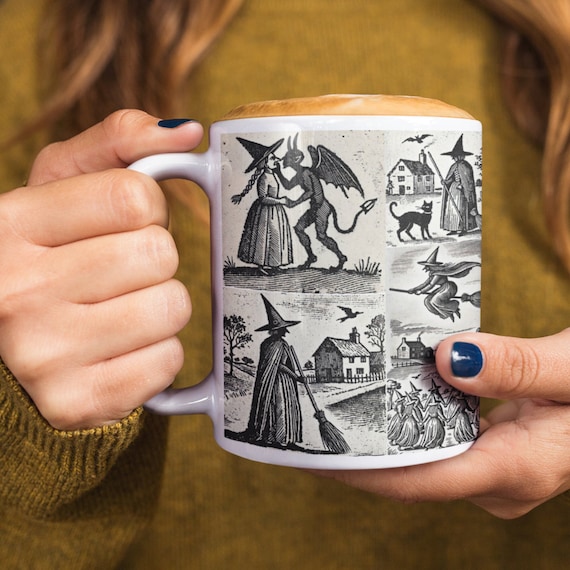 Woodcut Witch Mug: Dark Academia Gothic Art Coffee Cup