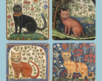 May include: Four square coasters featuring vintage illustrations of cats in a medieval style. Each coaster depicts a different cat with a unique color and pattern, surrounded by intricate floral designs.