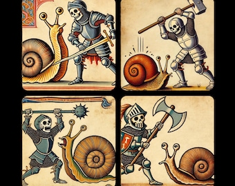 Posavasos de Caballero Esqueleto vs. Caracol: Arte Marginalia Medieval (juego de 4)