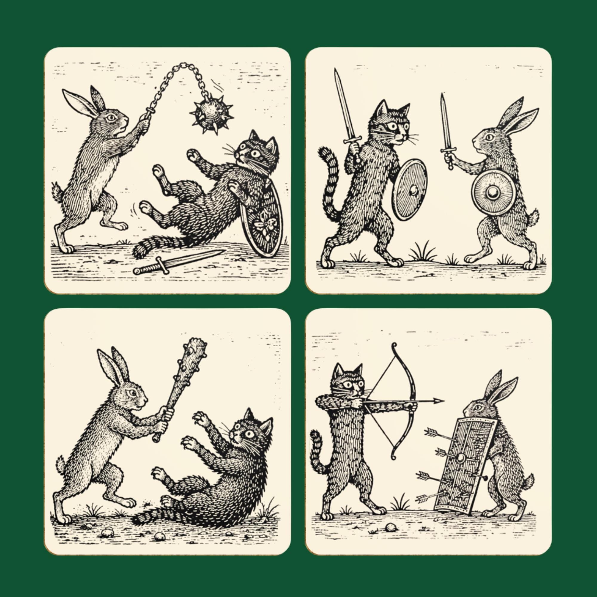 Medieval Cat Vs Rabbit Coaster Set, Marginalia Animal Battle Coasters ...