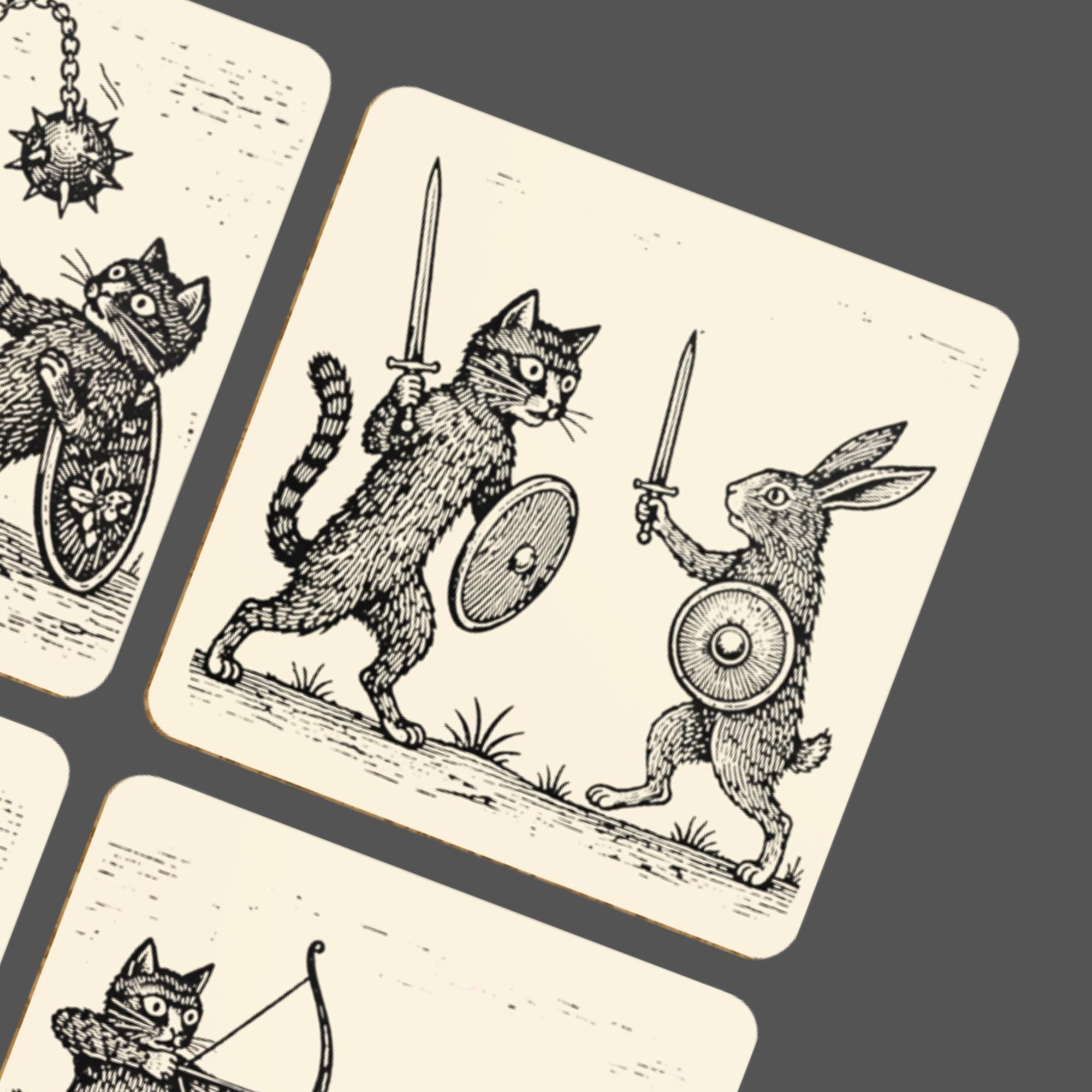 Medieval Cat Vs Rabbit Coaster Set, Marginalia Animal Battle Coasters ...