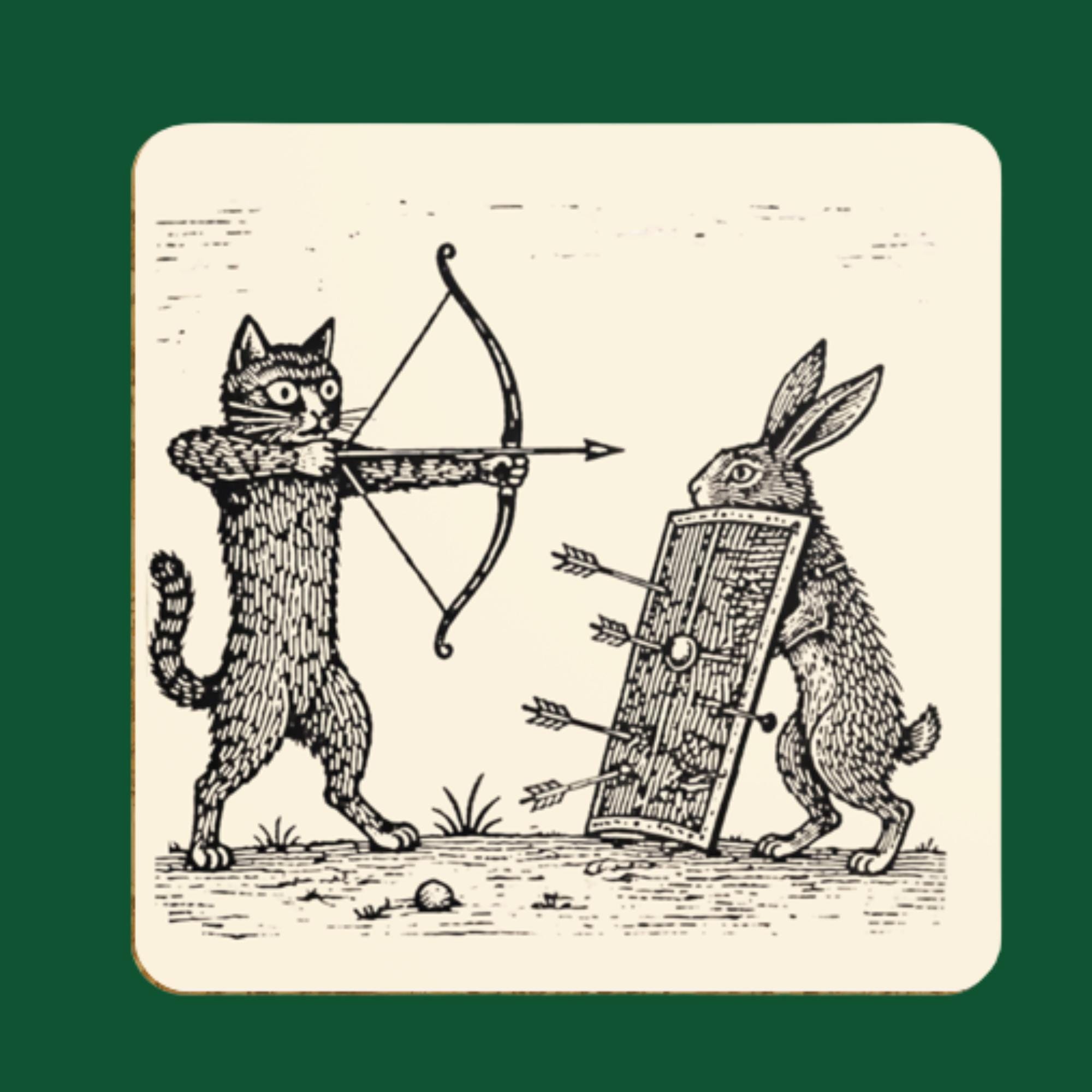 Medieval Cat Vs Rabbit Coaster Set, Marginalia Animal Battle Coasters ...