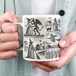 Witchy gift, a mug depicting witches from old woodcuts, perfect to go with your witch woodcut coasters. Gothic gift, folk horror gift. History of witchcraft fan gift..