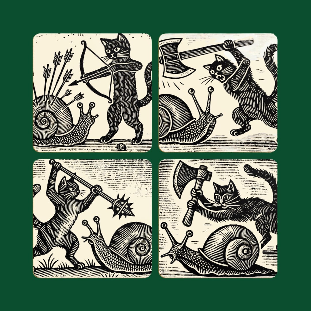 Medieval Cats Vs Snails Coasters: Humorous Woodcut Art, Set of 4 - Etsy