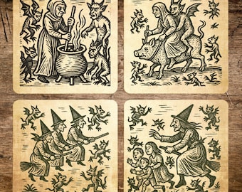 Witch Coasters Set, Medieval Woodcut Cork-Backed, Dark Academia Gothic Drinks Mats, 90mm Square