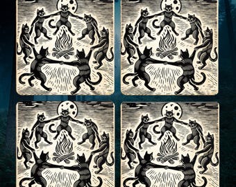 Witchy Black Cats Coasters: Woodcut Dancing Cats, Gothic Decor (Set of 4)