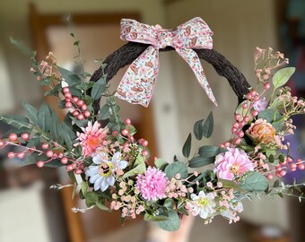 Handmade wreath, one of a kind, handcrafted, summer, spring, artificial flower wreath