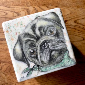 May include: A hand-painted ceramic box with a black and white pug wearing a green polka dot bandana. The background is white with colorful splatters.
