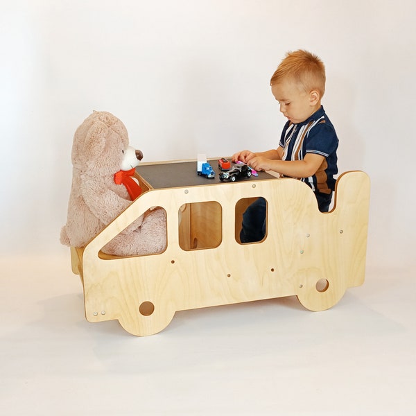 Tour d'observation évolutive 3-en-1 - Voiture, transformable tour d'apprentissage Montessori Tour ajustable en bois - table et chaise