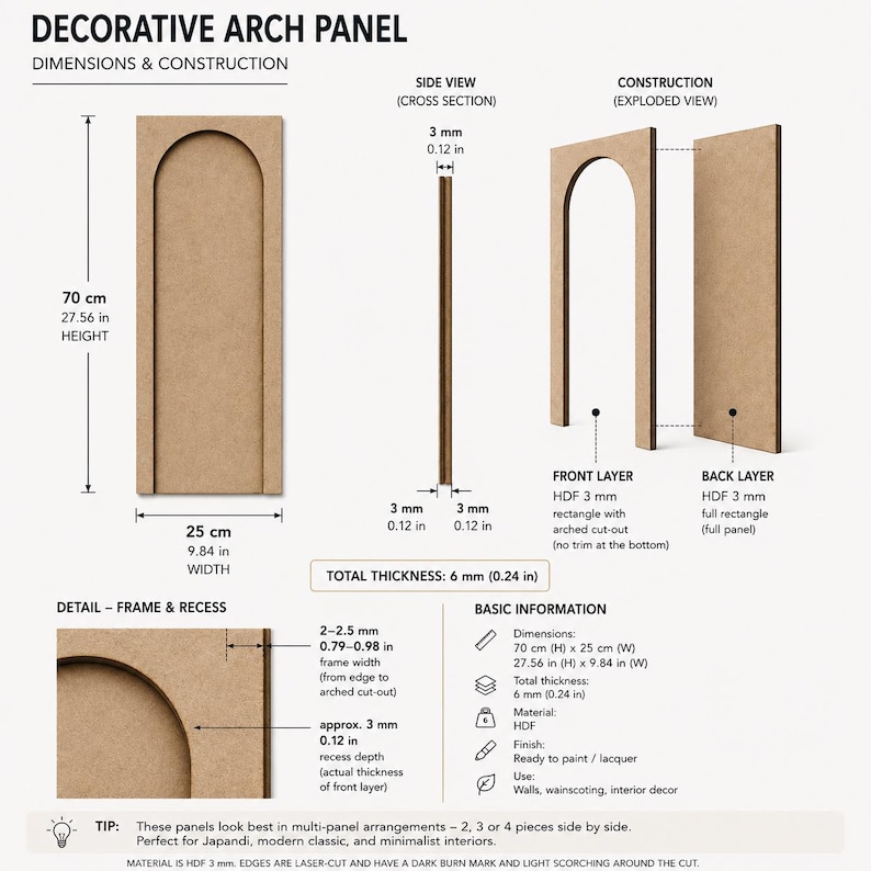 K&ouml;nnte beinhalten: Ein dekoratives Bogenpaneel aus HDF mit einer Gesamth&ouml;he von 70 cm und einer Breite von 25 cm. Das Paneel besteht aus einer vorderen Schicht mit Bogenausschnitt und einer hinteren Schicht, was eine Gesamtdicke von 6 mm f&uuml;r den Aufbau ergibt.