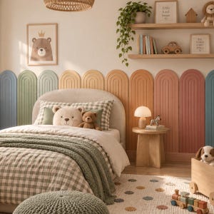 Peut inclure: Une chambre avec un lit à tête de lit beige rembourrée, une parure de lit à carreaux verts et blancs et un jeté en maille verte. Le mur présente des panneaux en bois arqués aux tons doux. Une table de chevet en bois porte une lampe.